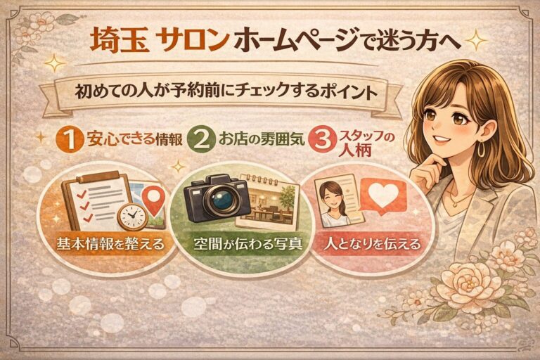 埼玉でサロンホームページを検討する方向けに、予約前に見られるポイントと改善の方向を分かりやすく示した女性向けアイキャッチ画像