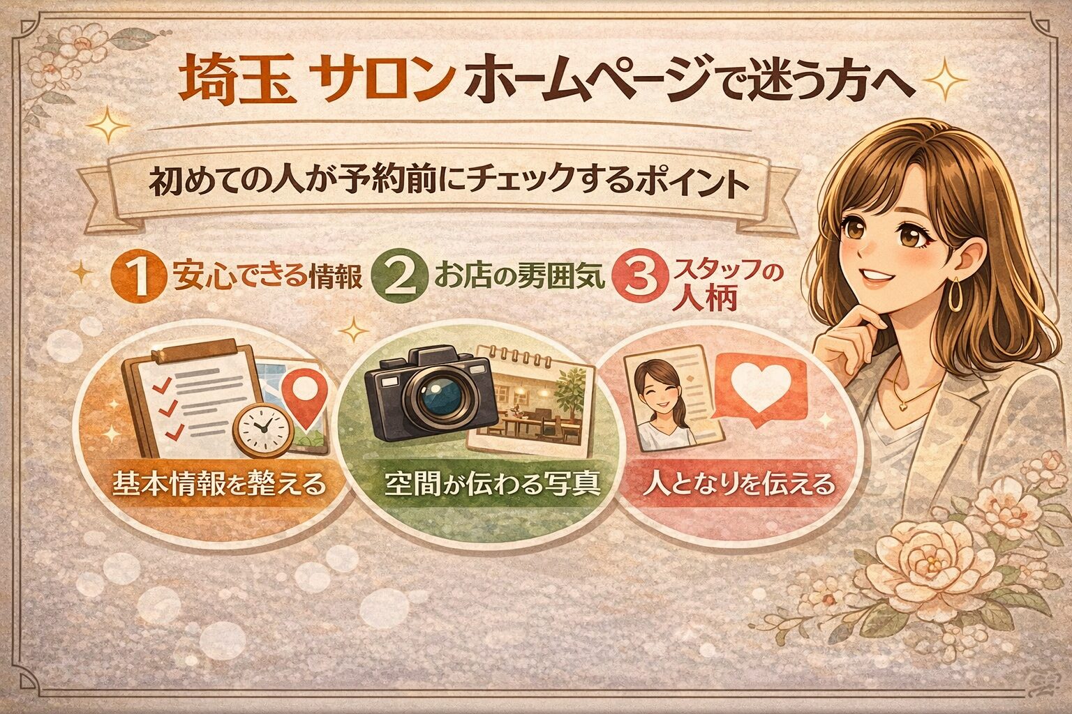 埼玉でサロンホームページを検討する方向けに、予約前に見られるポイントと改善の方向を分かりやすく示した女性向けアイキャッチ画像