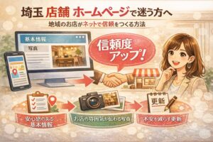 埼玉で店舗ホームページに迷う方向けに、地域のお店がネットで信頼をつくる方法を分かりやすく伝える女性向けアイキャッチ画像