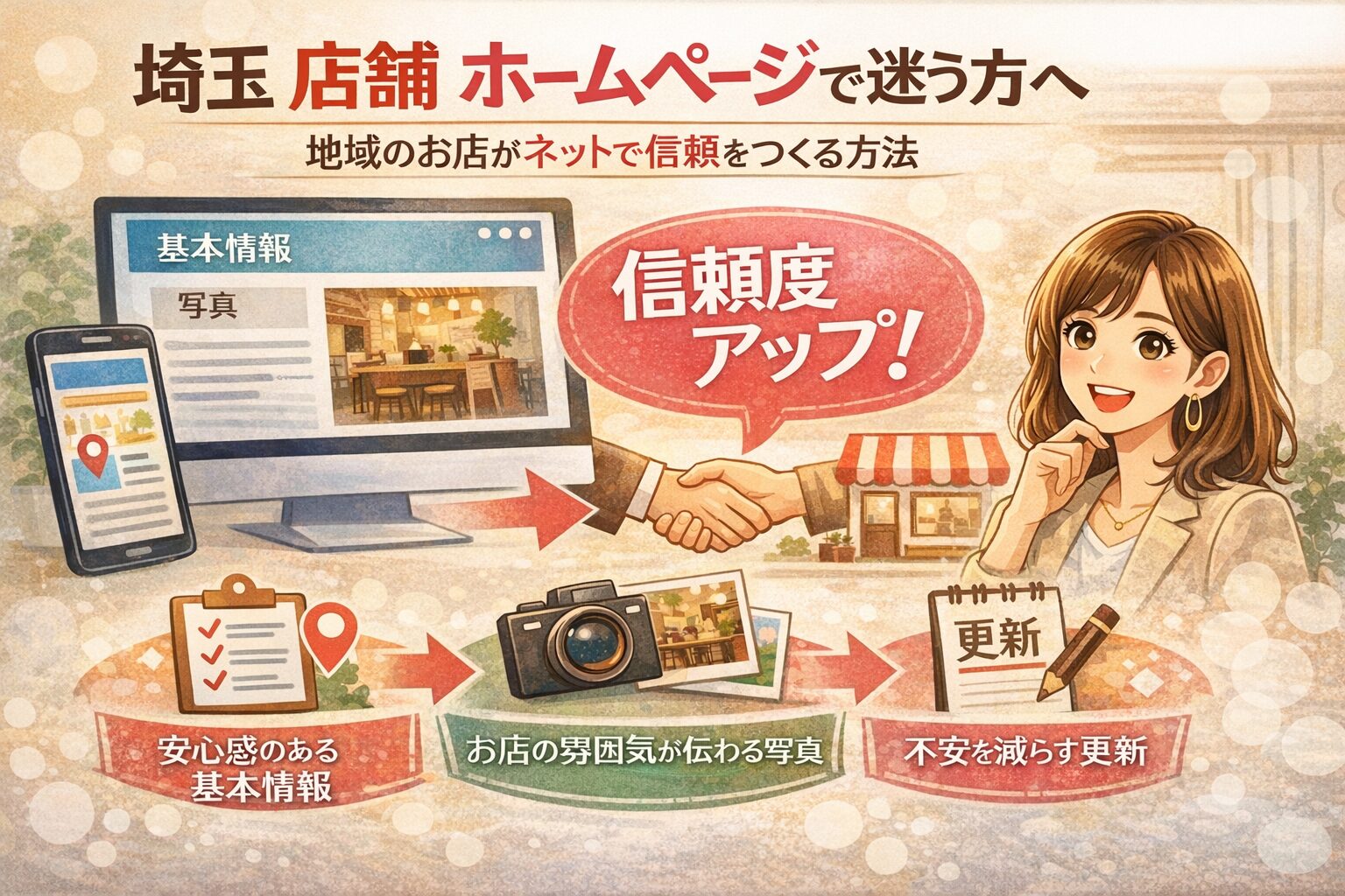 埼玉で店舗ホームページに迷う方向けに、地域のお店がネットで信頼をつくる方法を分かりやすく伝える女性向けアイキャッチ画像