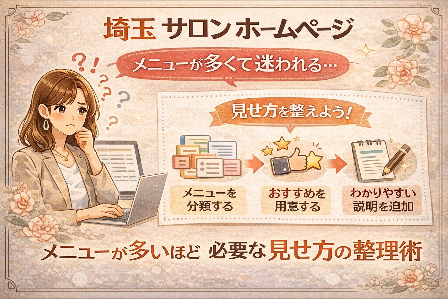 埼玉でサロンホームページを整えたい方向けに、メニューが多いお店の見せ方整理を分かりやすく伝える女性向けアイキャッチ画像