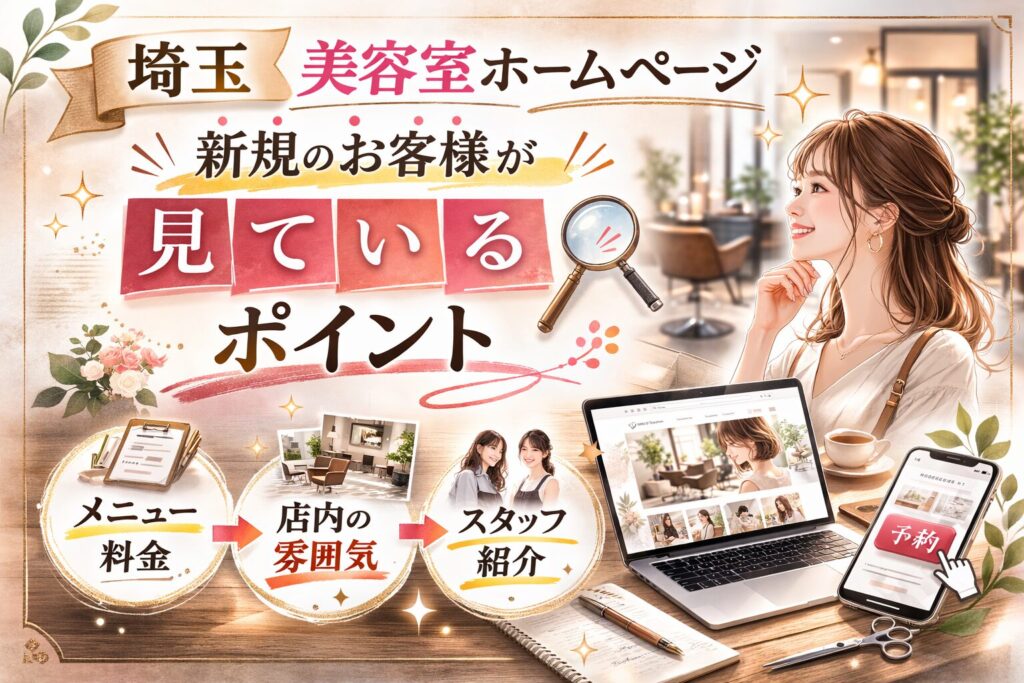 埼玉の美容室ホームページで新規客が見ているポイントを、メニュー料金・店内の雰囲気・スタッフ紹介・予約導線の流れで示した構成