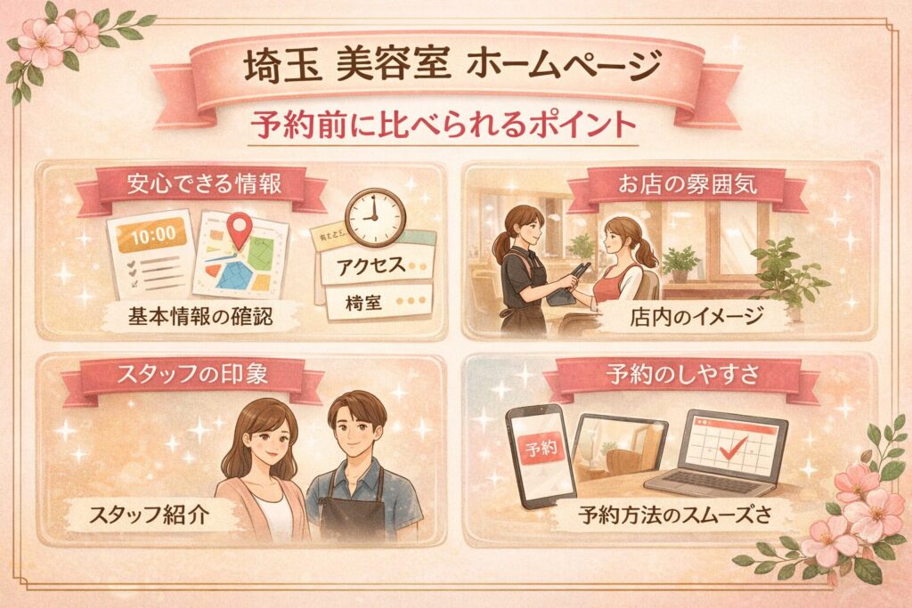 埼玉の美容室ホームページで予約前に比べられるポイントを、安心できる情報・お店の雰囲気・スタッフの印象・予約のしやすさで示した構成