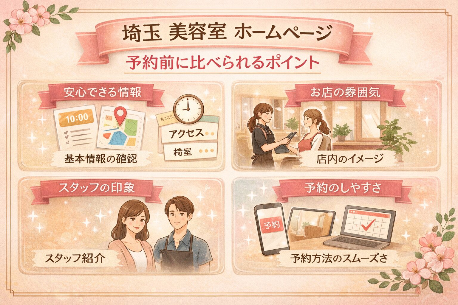 埼玉の美容室ホームページで予約前に比べられるポイントを、安心できる情報・お店の雰囲気・スタッフの印象・予約のしやすさで示した構成