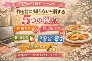 桜とパステル調のやさしい背景に、埼玉の飲食店ホームページを作る前に知っておきたい5つの視点を、日本語で分かりやすくまとめたアイキャッチ画像