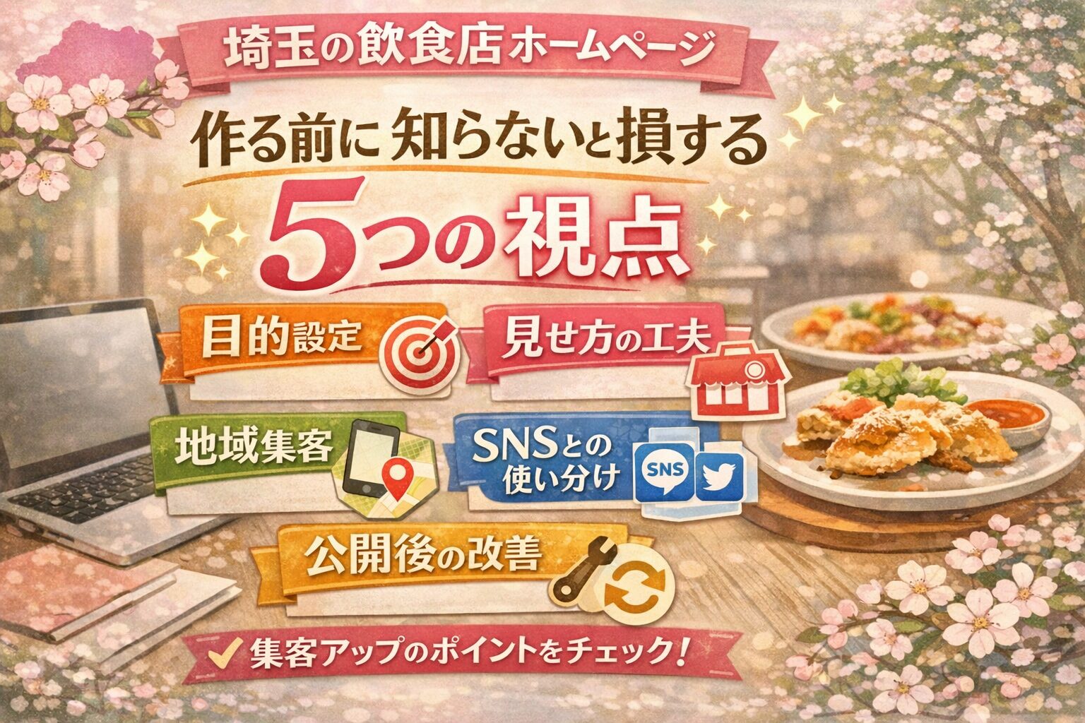 桜とパステル調のやさしい背景に、埼玉の飲食店ホームページを作る前に知っておきたい5つの視点を、日本語で分かりやすくまとめたアイキャッチ画像