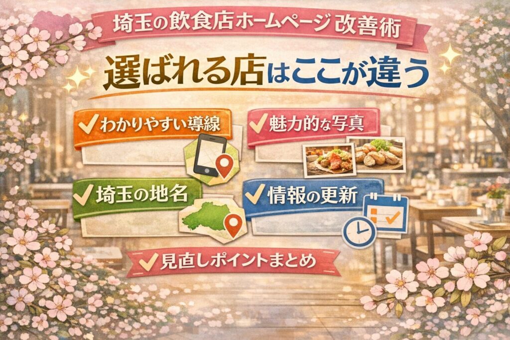 桜とパステル調の上品な背景に、埼玉の飲食店ホームページ改善術として、選ばれる店になるための見直しポイントを日本語で整理したアイキャッチ画像