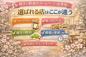 桜とパステル調の上品な背景に、埼玉の飲食店ホームページ改善術として、選ばれる店になるための見直しポイントを日本語で整理したアイキャッチ画像