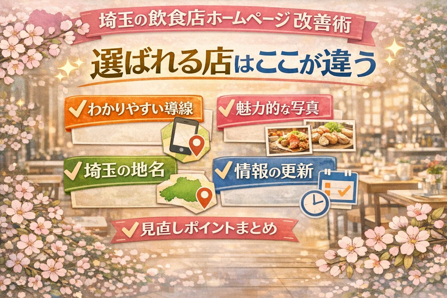 桜とパステル調の上品な背景に、埼玉の飲食店ホームページ改善術として、選ばれる店になるための見直しポイントを日本語で整理したアイキャッチ画像