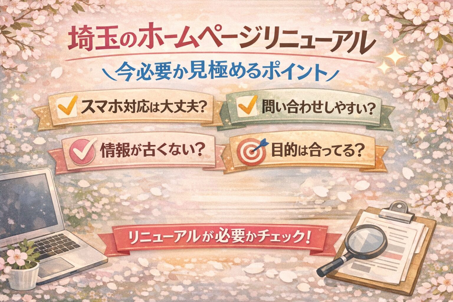 桜とパステル調のやさしい背景に、埼玉のホームページリニューアルが今必要かを見極める4つの判断ポイントを日本語で分かりやすくまとめたアイキャッチ画像