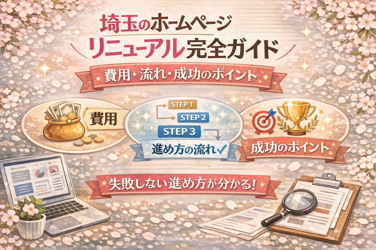 桜とやわらかなパステル調の背景に、埼玉のホームページリニューアル完全ガイドとして、費用・進め方の流れ・成功のポイントを日本語で分かりやすくまとめたアイキャッチ画像
