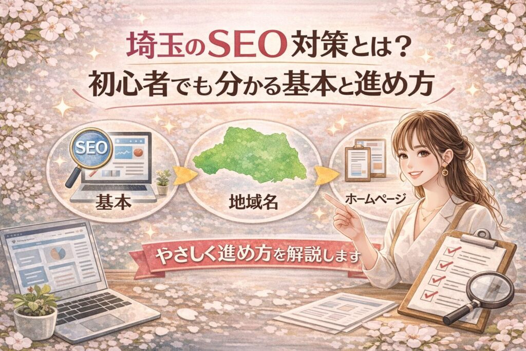 桜とパステル調のやさしい背景に、埼玉のSEO対策の基本と進め方を初心者向けに日本語で分かりやすくまとめたアイキャッチ画像