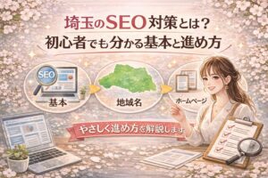 桜とパステル調のやさしい背景に、埼玉のSEO対策の基本と進め方を初心者向けに日本語で分かりやすくまとめたアイキャッチ画像