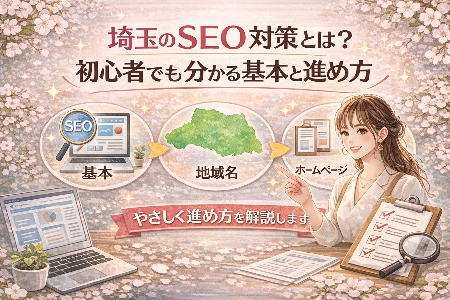 桜とパステル調のやさしい背景に、埼玉のSEO対策の基本と進め方を初心者向けに日本語で分かりやすくまとめたアイキャッチ画像
