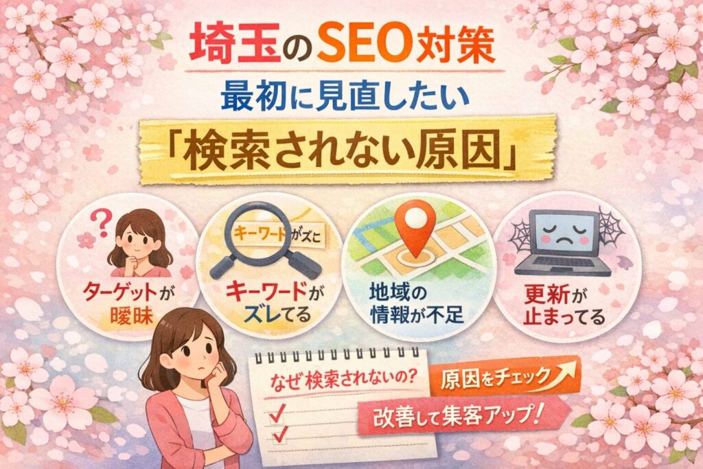 桜とやわらかなピンク背景の中に、埼玉のSEO対策で最初に見直したい検索されない原因を、日本語で分かりやすく整理したアイキャッチ画像