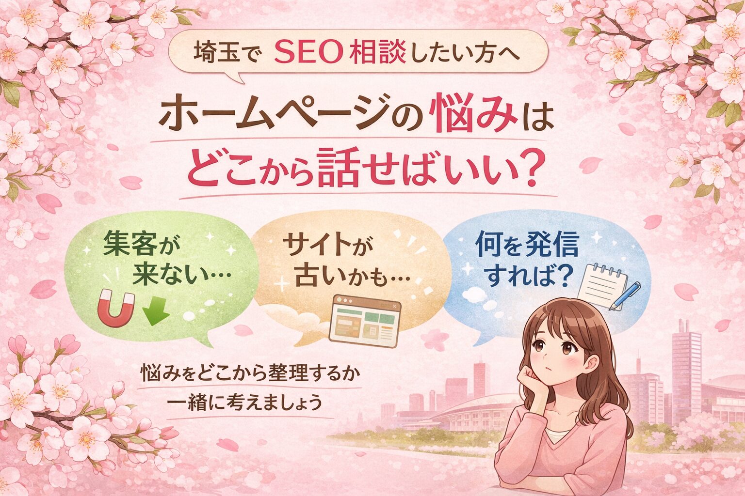 桜とやわらかなピンク背景の中に、埼玉でSEO相談したい方向けに、ホームページの悩みをどこから話せばよいかを日本語で分かりやすくまとめたアイキャッチ画像