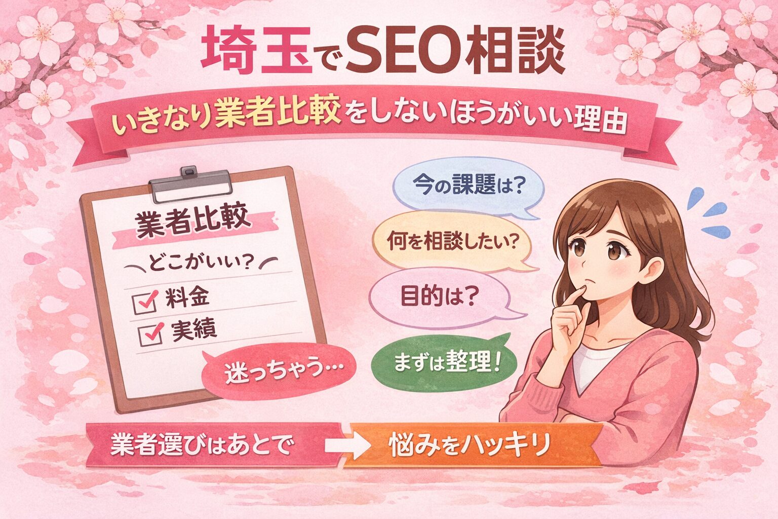 桜とやわらかなピンク背景の中に、埼玉でSEO相談する前に業者比較を急がず、まず悩みを整理する大切さを日本語で分かりやすくまとめたアイキャッチ画像