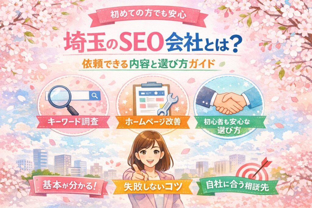 桜とくすみピンクの上品な背景に、埼玉のSEO会社について依頼できる内容と選び方を、女性経営者向けにやさしく整理したアイキャッチ画像