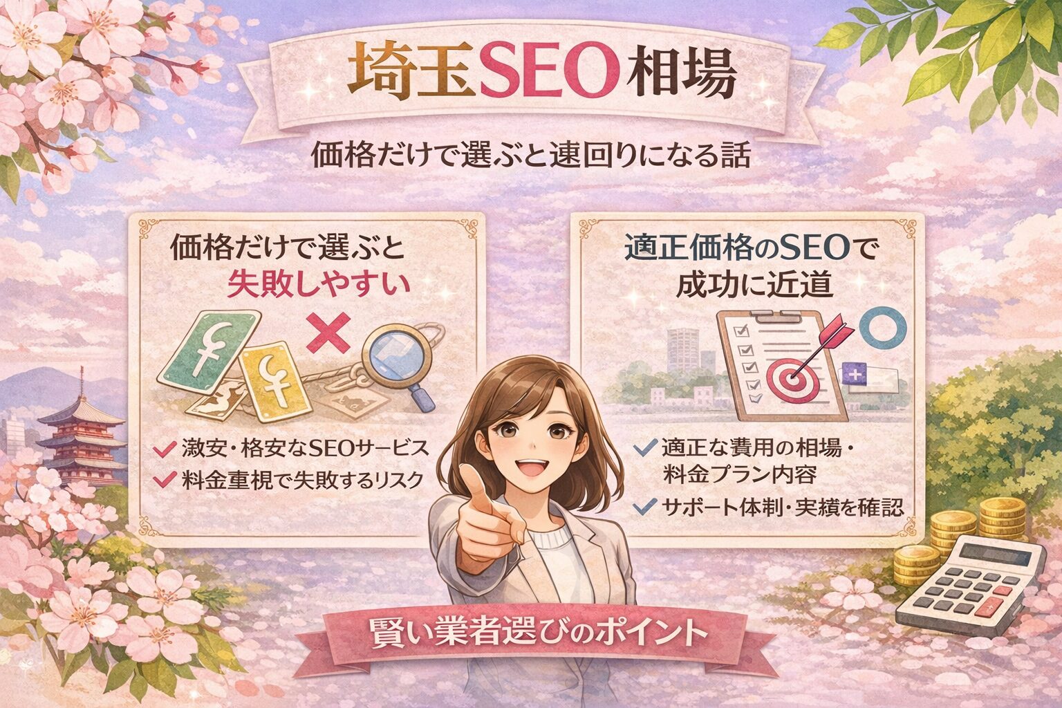 桜とやわらかなパステル背景の中に、埼玉のSEO相場を価格だけで選ぶ危険性と、適正価格で選ぶ大切さを比較して分かりやすくまとめたアイキャッチ画像