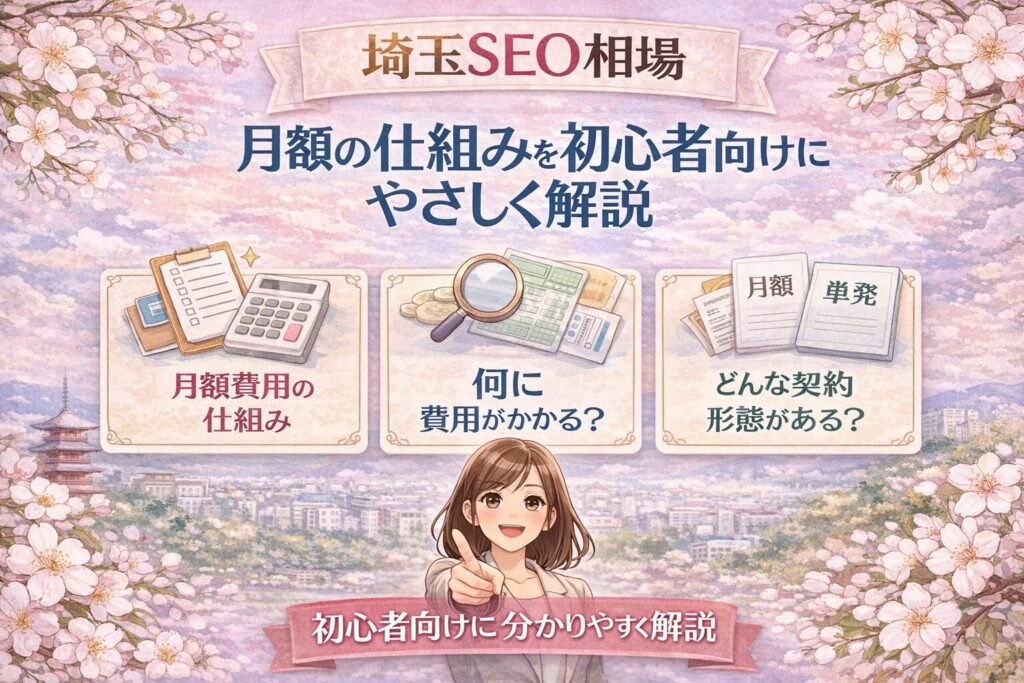 桜とやわらかなパステル背景の中に、埼玉のSEO相場の月額費用の仕組みを初心者向けに日本語で分かりやすく整理したアイキャッチ画像