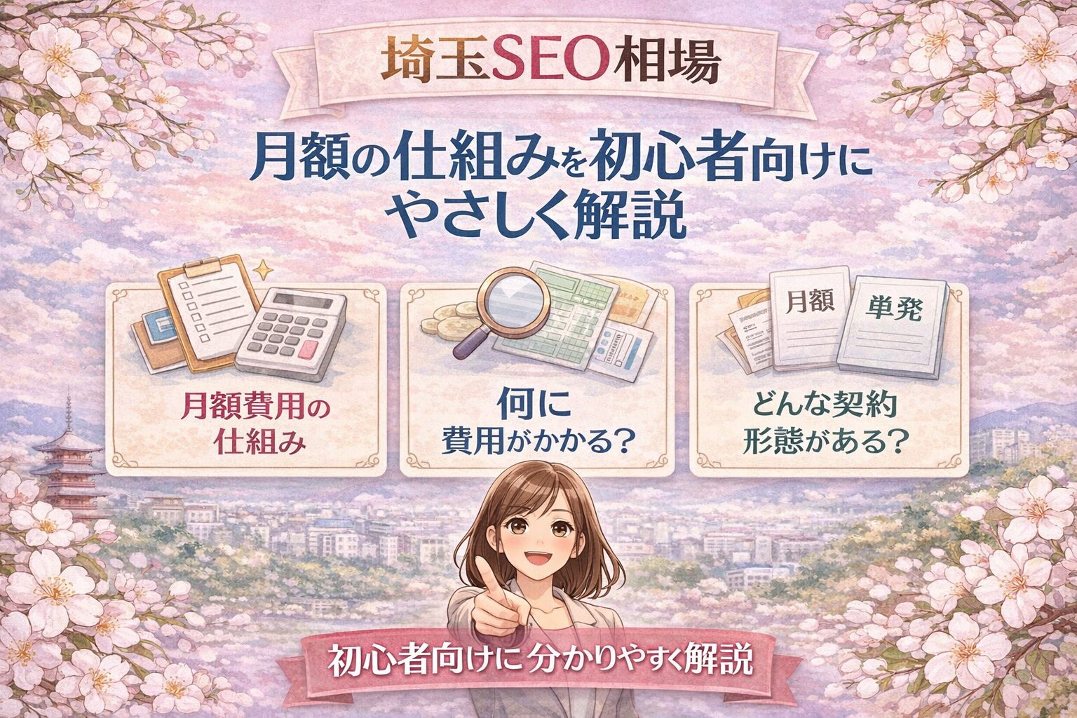 桜とやわらかなパステル背景の中に、埼玉のSEO相場の月額費用の仕組みを初心者向けに日本語で分かりやすく整理したアイキャッチ画像