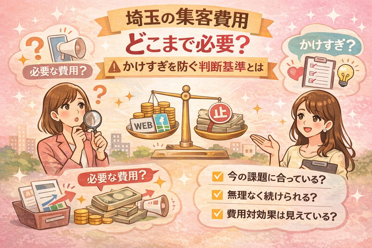 桜とやわらかなピンク背景の中に、埼玉の集客費用をどこまでかけるべきか、かけすぎを防ぐ判断基準を日本語で分かりやすく整理したアイキャッチ画像