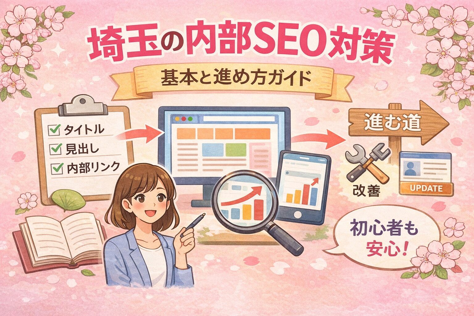桜とやわらかなピンク背景の中に、埼玉の内部SEO対策の基本と進め方を初心者向けに日本語で分かりやすく整理したアイキャッチ画像
