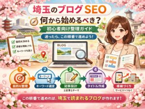 桜とやわらかな春色背景の中に、埼玉のブログSEOを何から始めるべきかを初心者向けに順番で分かりやすく整理したアイキャッチ画像