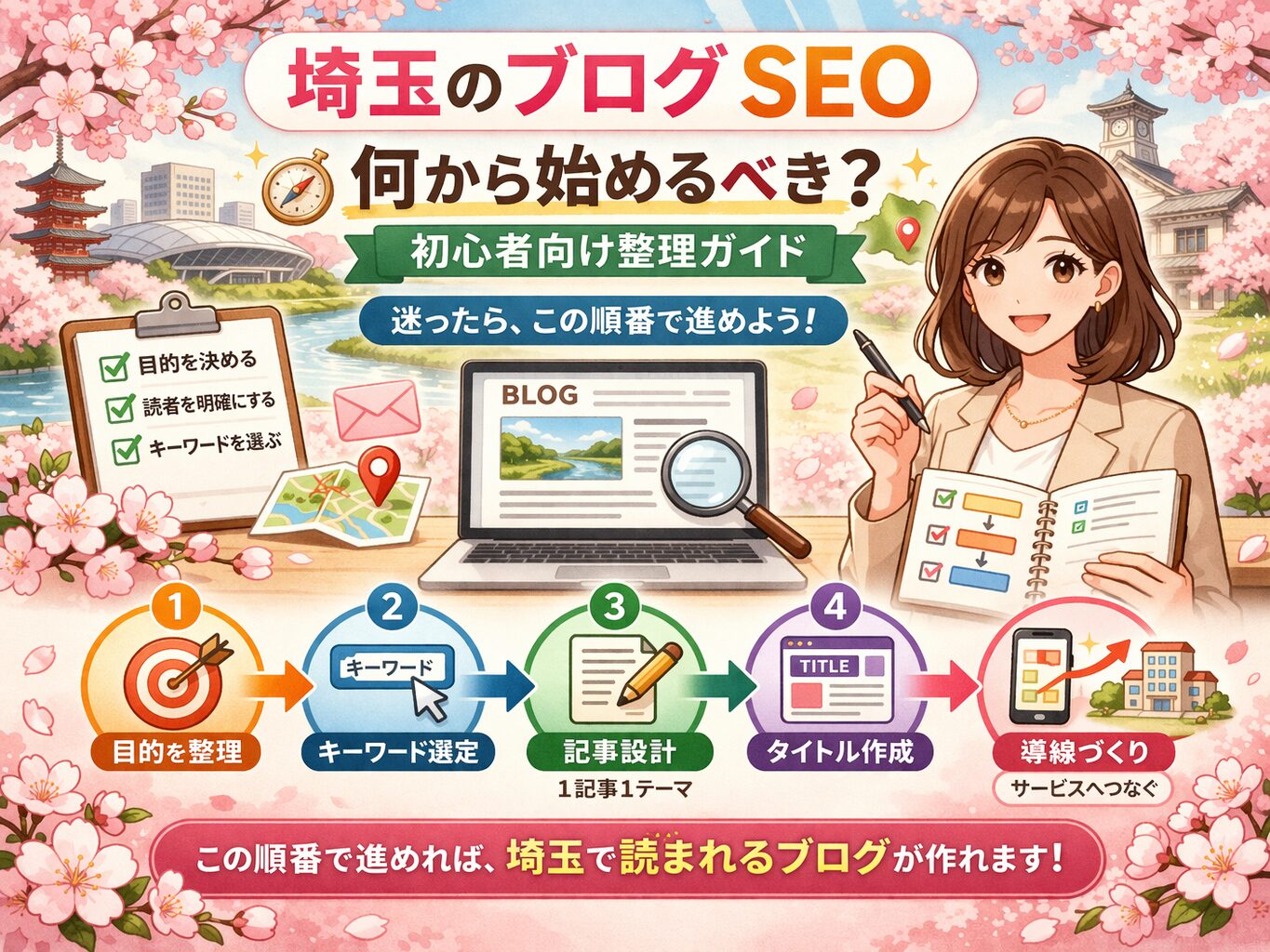桜とやわらかな春色背景の中に、埼玉のブログSEOを何から始めるべきかを初心者向けに順番で分かりやすく整理したアイキャッチ画像