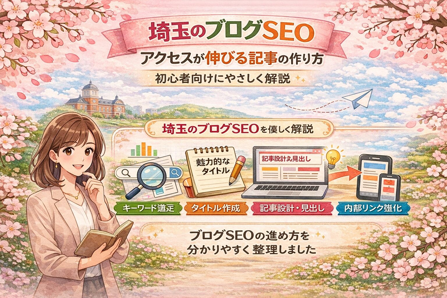桜とやわらかな春色背景の中に、埼玉のブログSEOでアクセスが伸びる記事の作り方を、日本語で分かりやすく整理したアイキャッチ画像