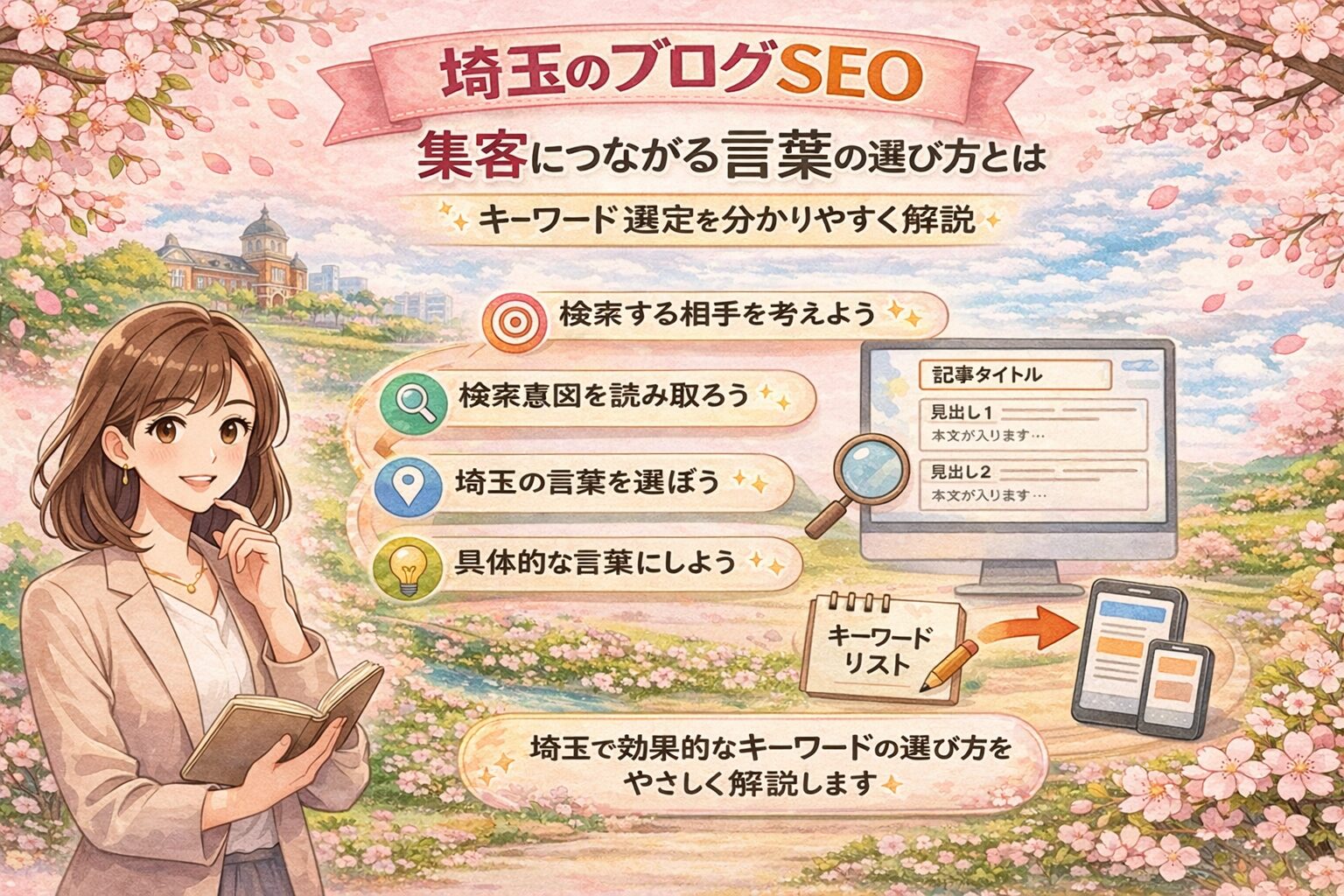 桜とやわらかな春色背景の中に、埼玉で集客につながるキーワードの選び方を日本語で分かりやすく整理したアイキャッチ画像