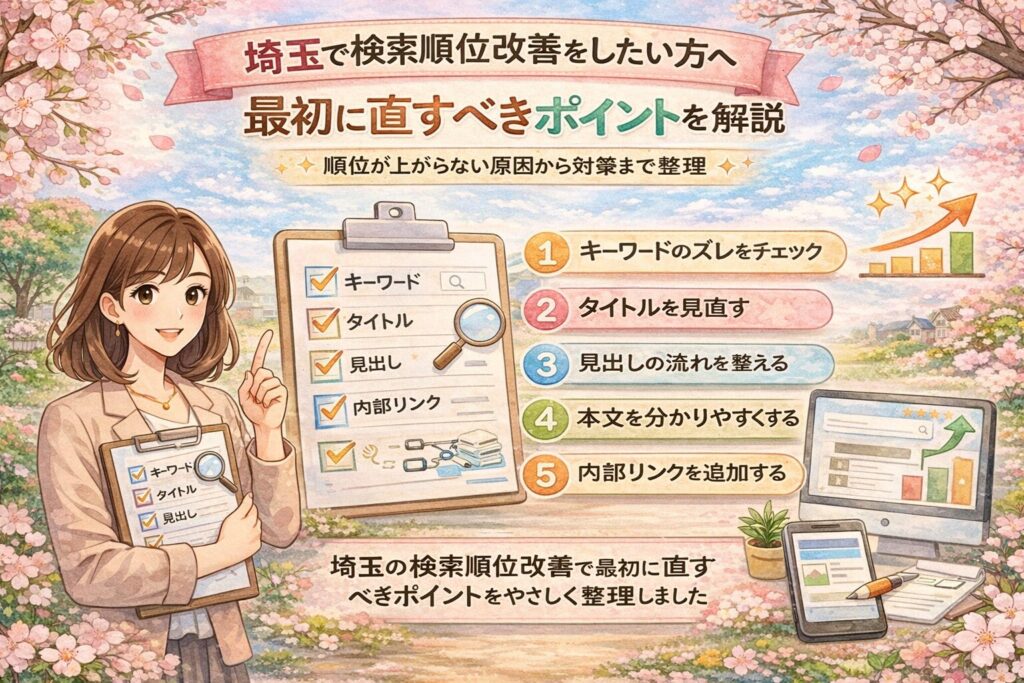 桜とやわらかな春色背景の中に、埼玉で検索順位を改善したい方向けに、最初に直すべきポイントを日本語で分かりやすく整理したアイキャッチ画像