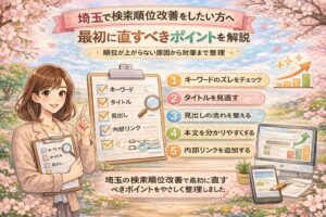 桜とやわらかな春色背景の中に、埼玉で検索順位を改善したい方向けに、最初に直すべきポイントを日本語で分かりやすく整理したアイキャッチ画像