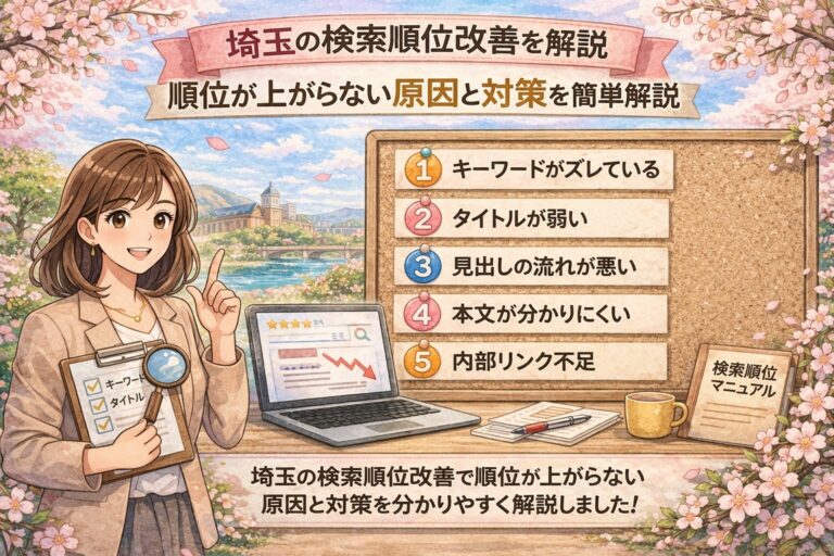 桜とやわらかな春色背景の中に、埼玉の検索順位改善について、順位が上がらない原因と対策を日本語で分かりやすく整理したアイキャッチ画像