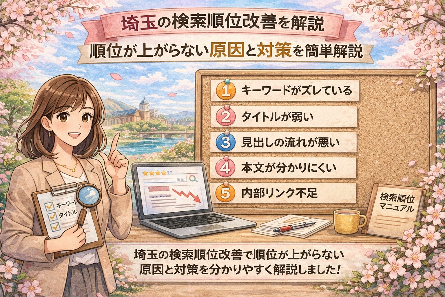 桜とやわらかな春色背景の中に、埼玉の検索順位改善について、順位が上がらない原因と対策を日本語で分かりやすく整理したアイキャッチ画像