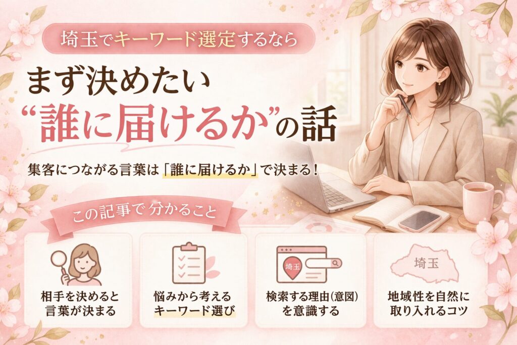 桜とやわらかなピンク背景の中に、埼玉でキーワード選定する前に「誰に届けるか」を決める大切さを日本語で分かりやすく整理したアイキャッチ画像