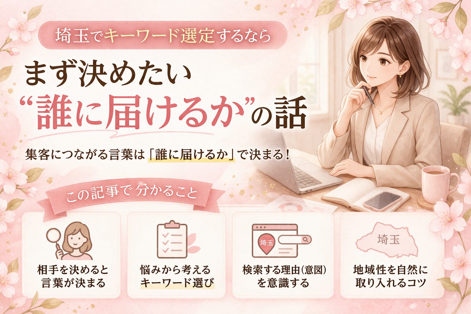 桜とやわらかなピンク背景の中に、埼玉でキーワード選定する前に「誰に届けるか」を決める大切さを日本語で分かりやすく整理したアイキャッチ画像
