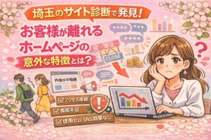 埼玉のサイト診断で分かる、お客様が離れるホームページの特徴をまとめたイラスト調のアイキャッチ画像