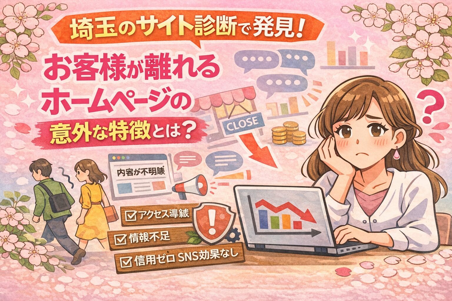 埼玉のサイト診断で分かる、お客様が離れるホームページの特徴をまとめたイラスト調のアイキャッチ画像