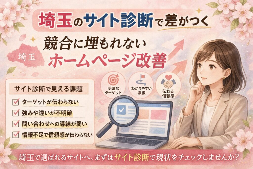 埼玉のサイト診断をテーマに、競合に埋もれないホームページ改善のポイントをまとめた女性向けイラスト調アイキャッチ画像