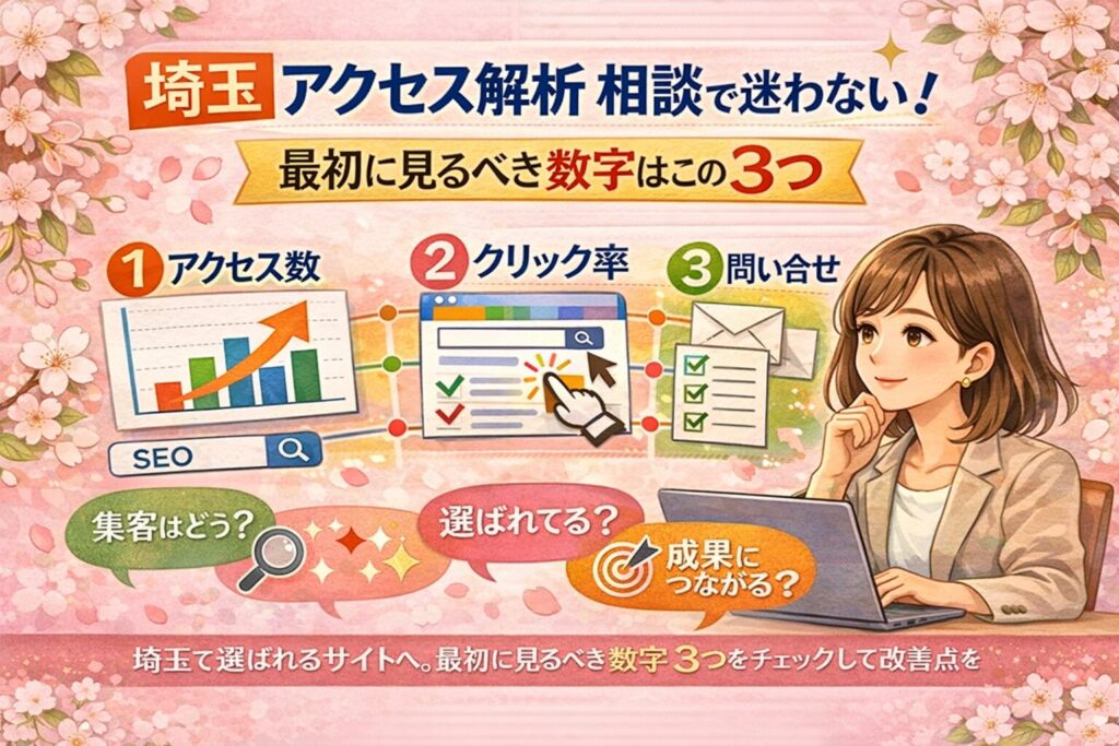 埼玉でアクセス解析の相談をしたい方向けに、最初に見るべき3つの数字をイラストで分かりやすく示したアイキャッチ画像埼玉でアクセス解析の相談をしたい方向けに、最初に見るべき3つの数字をイラストで分かりやすく示したアイキャッチ画像