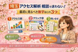 埼玉でアクセス解析の相談をしたい方向けに、最初に見るべき3つの数字をイラストで分かりやすく示したアイキャッチ画像埼玉でアクセス解析の相談をしたい方向けに、最初に見るべき3つの数字をイラストで分かりやすく示したアイキャッチ画像