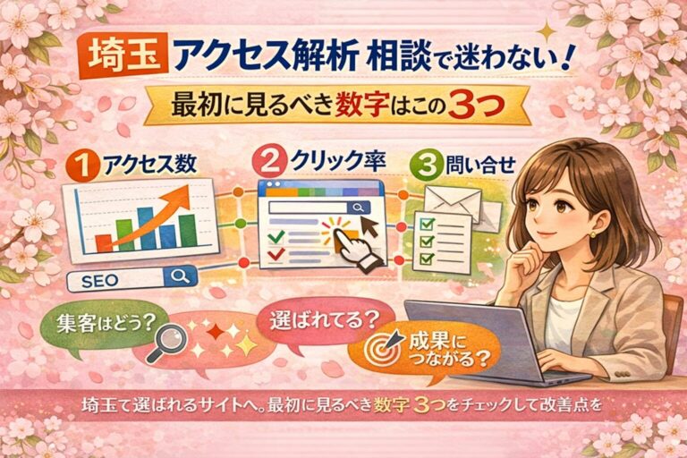 埼玉でアクセス解析の相談をしたい方向けに、最初に見るべき3つの数字をイラストで分かりやすく示したアイキャッチ画像埼玉でアクセス解析の相談をしたい方向けに、最初に見るべき3つの数字をイラストで分かりやすく示したアイキャッチ画像