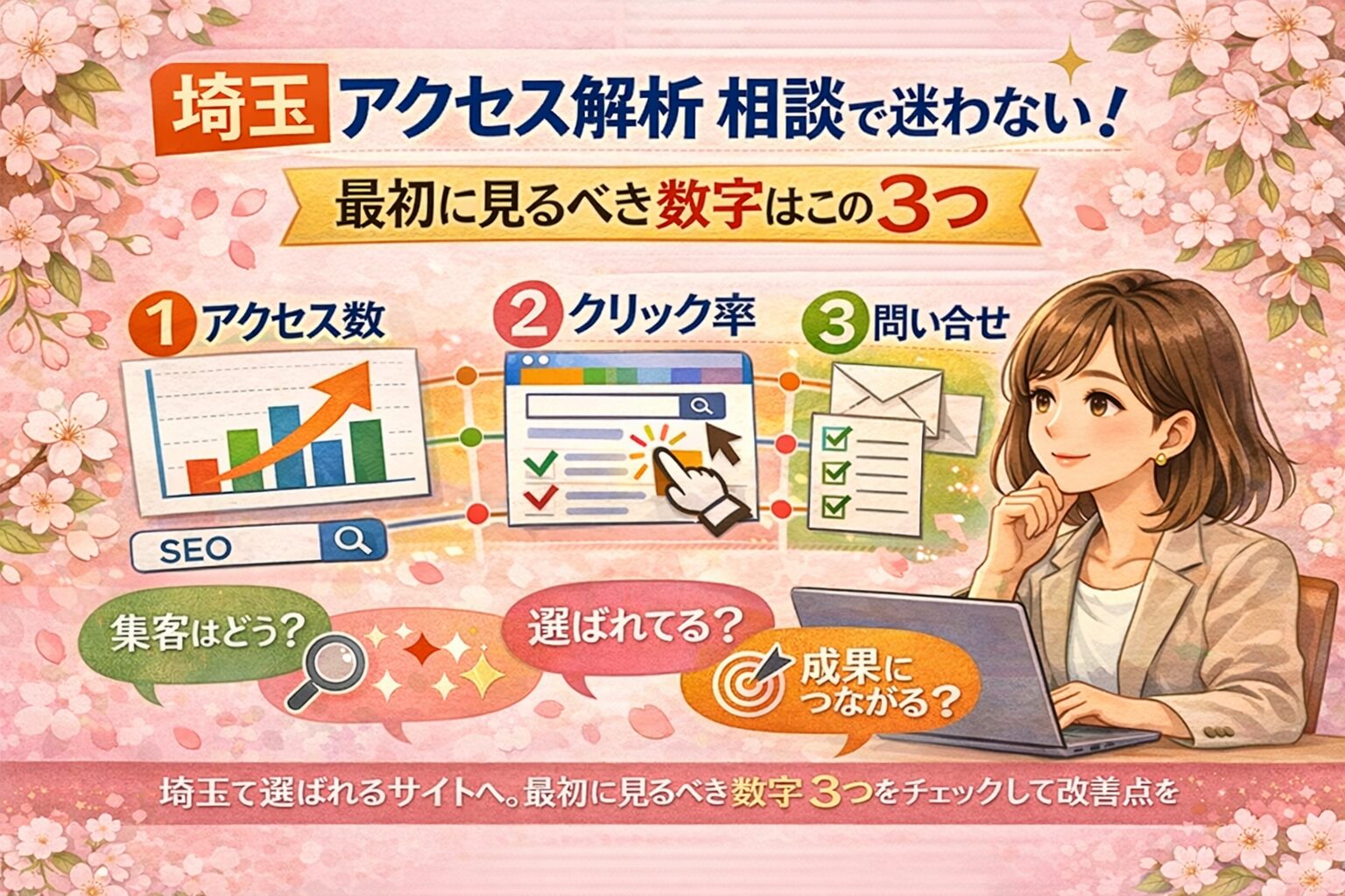 埼玉でアクセス解析の相談をしたい方向けに、最初に見るべき3つの数字をイラストで分かりやすく示したアイキャッチ画像埼玉でアクセス解析の相談をしたい方向けに、最初に見るべき3つの数字をイラストで分かりやすく示したアイキャッチ画像