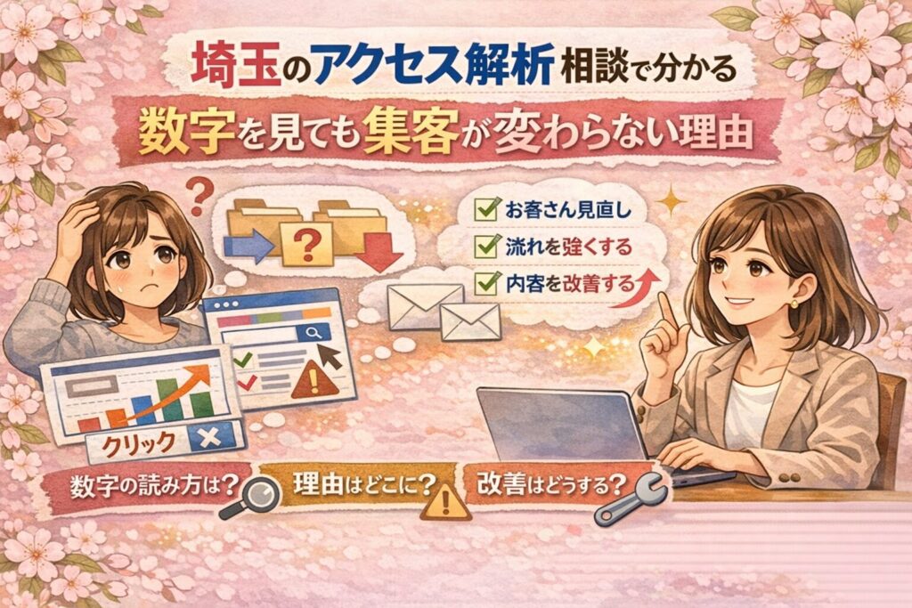 埼玉のアクセス解析相談をテーマに、数字を見ても集客が変わらない理由と改善の方向性を女性向けに示したイラスト調アイキャッチ画像