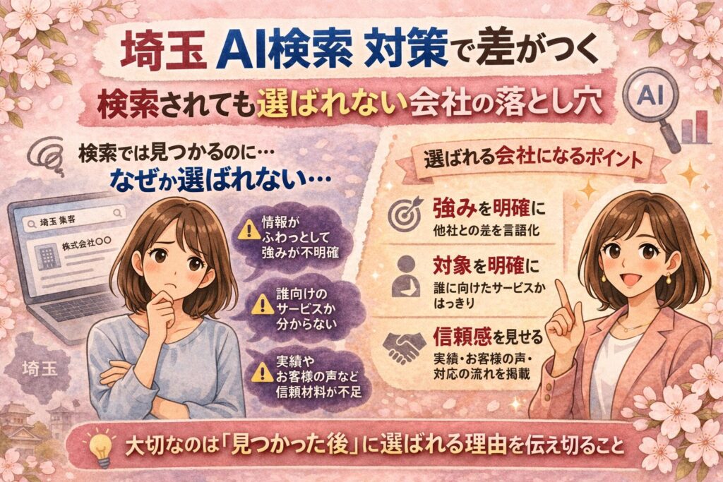 埼玉のAI検索対策をテーマに、検索されても選ばれない会社の落とし穴と、選ばれる会社になるポイントを示した女性向けイラスト調アイキャッチ画像
