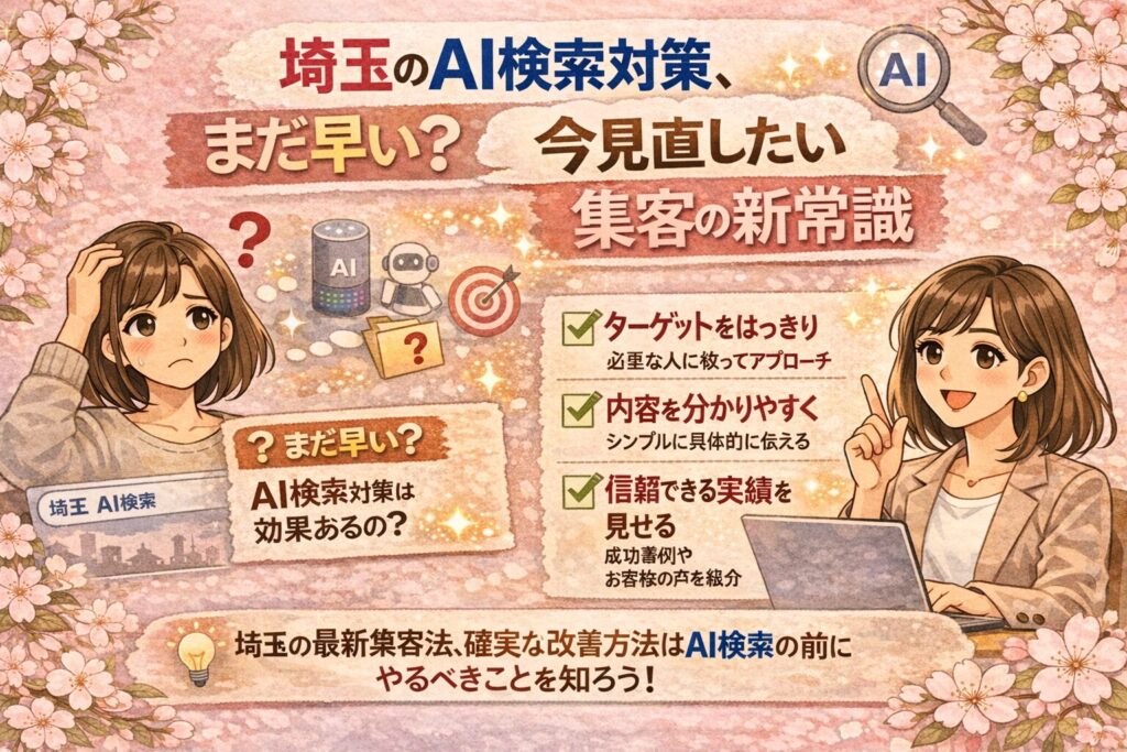 埼玉のAI検索対策をテーマに、まだ早いのか悩む状態と、今見直したい集客の新常識を対比で表現した女性向けイラスト調アイキャッチ画像