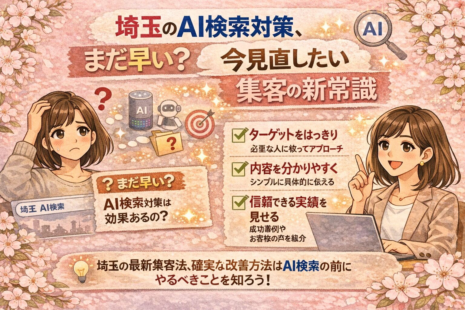 埼玉のAI検索対策をテーマに、まだ早いのか悩む状態と、今見直したい集客の新常識を対比で表現した女性向けイラスト調アイキャッチ画像