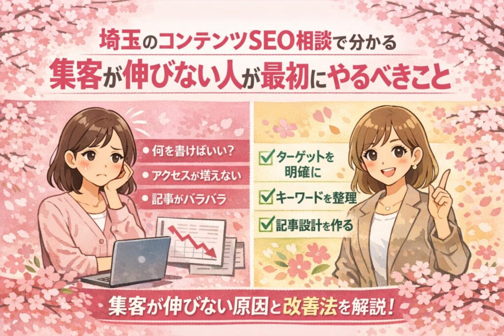 埼玉のコンテンツSEO相談をテーマに、集客が伸びない悩みと最初にやるべき改善策を左右で分かりやすく示した女性向けイラスト調アイキャッチ画像