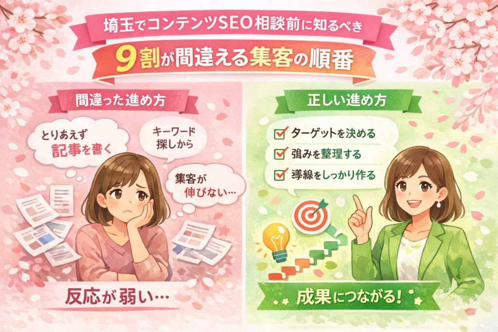 埼玉のコンテンツSEO相談をテーマに、集客の順番を間違えた状態と正しい進め方を左右で比較した女性向けイラスト調アイキャッチ画像